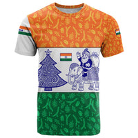 India Christmas T Shirt with Elephant Santa Tree Design and Tricolor Holiday Pattern - Wonder Print Shop