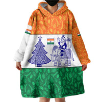 India Christmas Wearable Blanket Hoodie with Elephant Santa Tree Design and Tricolor Holiday Pattern - Wonder Print Shop