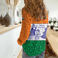 India Christmas Women Casual Shirt with Elephant Santa Tree Design and Tricolor Holiday Pattern - Wonder Print Shop