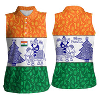 India Christmas Women Sleeveless Polo Shirt with Elephant Santa Tree Design and Tricolor Holiday Pattern - Wonder Print Shop