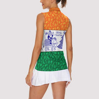 India Christmas Women Sleeveless Polo Shirt with Elephant Santa Tree Design and Tricolor Holiday Pattern - Wonder Print Shop