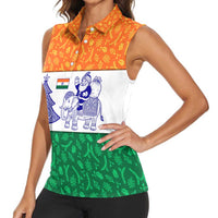 India Christmas Women Sleeveless Polo Shirt with Elephant Santa Tree Design and Tricolor Holiday Pattern - Wonder Print Shop