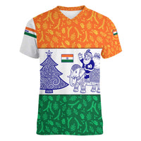 India Christmas Women V-Neck T-Shirt with Elephant Santa Tree Design and Tricolor Holiday Pattern - Wonder Print Shop