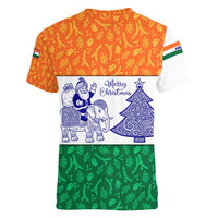 India Christmas Women V-Neck T-Shirt with Elephant Santa Tree Design and Tricolor Holiday Pattern - Wonder Print Shop
