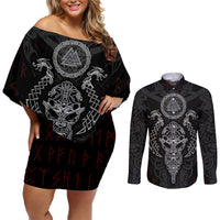 Viking Valhalla Couples Matching Off Shoulder Short Dress and Long Sleeve Button Shirts Odin and Drakkar Pattern - Wonder Print Shop