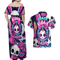 Crazy Rabbit Lady Couples Matching Off Shoulder Maxi Dress and Hawaiian Shirt - Wonder Print Shop