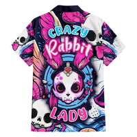 Multicolor Hawaiian shirt with rabbit and skull neon graphic, button-up short sleeves