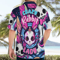 Multicolor Hawaiian shirt back with 'Crazy Rabbit Lady' neon rabbit graphic
