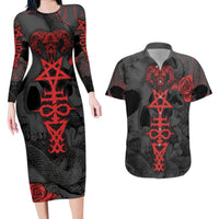 Skull Horror - Satan Symbol Grunge Couples Matching Long Sleeve Bodycon Dress and Hawaiian Shirt - Wonder Print Shop