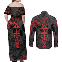 Skull Horror - Satan Symbol Grunge Couples Matching Off Shoulder Maxi Dress and Long Sleeve Button Shirts - Wonder Print Shop