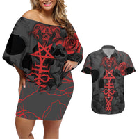 Skull Horror - Satan Symbol Grunge Couples Matching Off Shoulder Short Dress and Hawaiian Shirt - Wonder Print Shop