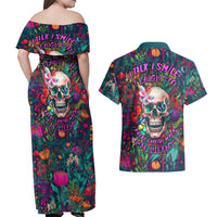 I Talk Is Smile I Laugh Too But Be Careful When I'm Silent Couples Matching Off Shoulder Maxi Dress and Hawaiian Shirt - Wonder Print Shop