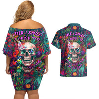 I Talk Is Smile I Laugh Too But Be Careful When I'm Silent Couples Matching Off Shoulder Short Dress and Hawaiian Shirt - Wonder Print Shop