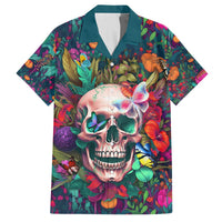 Multicolor button-up Hawaiian shirt featuring skull face with butterfly over tropical florals