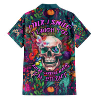 Multicolor Hawaiian shirt with dark skull graphic, butterflies, and tropical leaves