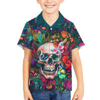 Kids multicolor Hawaiian shirt with skull and butterfly artwork, short sleeves, button front