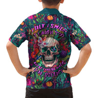 Multicolor Hawaiian shirt back view with skull graphic, colorful tropical plants, and text