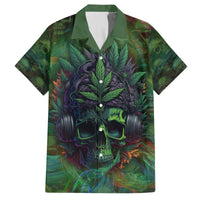 Green Hawaiian shirt with large skull graphic, feather-like hair, tropical leaf print, button front