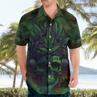 Green Hawaiian shirt with skull, tropical leaves, and rainbow highlights, short-sleeve button front