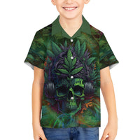 Kids green Hawaiian shirt with skull-and-leaf graphic, 'YOU MY FRIEND' text, button front