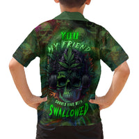 Kids green Hawaiian shirt back print with 'YOU MY FRIEND' skull graphic and 'SWALLOWED' text
