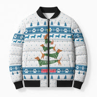 Dachshund Dog Tree Stack Bomber Puffer Jacket with Blue White Paw Print Pattern Design - Wonder Print Shop