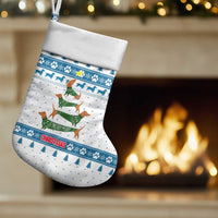 Dachshund Dog Tree Stack Christmas Stocking with Blue White Paw Print Pattern Design - Wonder Print Shop