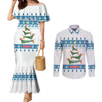 Dachshund Dog Tree Stack Couples Matching Mermaid Dress and Long Sleeve Button Shirt with Blue White Paw Print Pattern Design - Wonder Print Shop