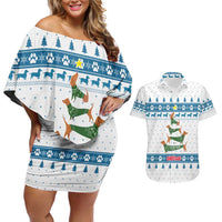 Dachshund Dog Tree Stack Couples Matching Off Shoulder Short Dress and Hawaiian Shirt with Blue White Paw Print Pattern Design - Wonder Print Shop