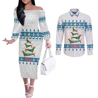 Dachshund Dog Tree Stack Couples Matching Off The Shoulder Long Sleeve Dress and Long Sleeve Button Shirt with Blue White Paw Print Pattern Design - Wonder Print Shop