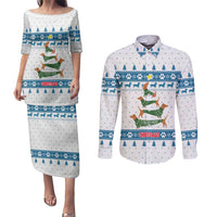 Dachshund Dog Tree Stack Couples Matching Puletasi and Long Sleeve Button Shirt with Blue White Paw Print Pattern Design - Wonder Print Shop