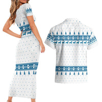 Dachshund Dog Tree Stack Couples Matching Short Sleeve Bodycon Dress and Hawaiian Shirt with Blue White Paw Print Pattern Design - Wonder Print Shop