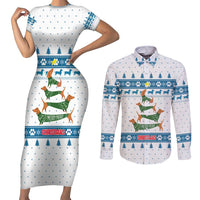 Dachshund Dog Tree Stack Couples Matching Short Sleeve Bodycon Dress and Long Sleeve Button Shirt with Blue White Paw Print Pattern Design - Wonder Print Shop