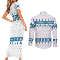 Dachshund Dog Tree Stack Couples Matching Short Sleeve Bodycon Dress and Long Sleeve Button Shirt with Blue White Paw Print Pattern Design - Wonder Print Shop