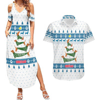 Dachshund Dog Tree Stack Couples Matching Summer Maxi Dress and Hawaiian Shirt with Blue White Paw Print Pattern Design - Wonder Print Shop