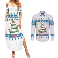 Dachshund Dog Tree Stack Couples Matching Summer Maxi Dress and Long Sleeve Button Shirt with Blue White Paw Print Pattern Design - Wonder Print Shop