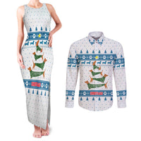 Dachshund Dog Tree Stack Couples Matching Tank Maxi Dress and Long Sleeve Button Shirt with Blue White Paw Print Pattern Design - Wonder Print Shop