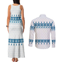 Dachshund Dog Tree Stack Couples Matching Tank Maxi Dress and Long Sleeve Button Shirt with Blue White Paw Print Pattern Design - Wonder Print Shop