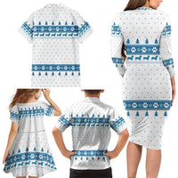Dachshund Dog Tree Stack Family Matching Long Sleeve Bodycon Dress and Hawaiian Shirt with Blue White Paw Print Pattern Design - Wonder Print Shop
