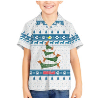 Dachshund Dog Tree Stack Family Matching Mermaid Dress and Hawaiian Shirt with Blue White Paw Print Pattern Design - Wonder Print Shop