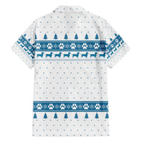 Dachshund Dog Tree Stack Family Matching Off The Shoulder Long Sleeve Dress and Hawaiian Shirt with Blue White Paw Print Pattern Design - Wonder Print Shop