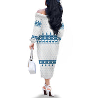 Dachshund Dog Tree Stack Family Matching Off The Shoulder Long Sleeve Dress and Hawaiian Shirt with Blue White Paw Print Pattern Design - Wonder Print Shop