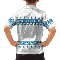 Dachshund Dog Tree Stack Family Matching Off Shoulder Maxi Dress and Hawaiian Shirt with Blue White Paw Print Pattern Design - Wonder Print Shop