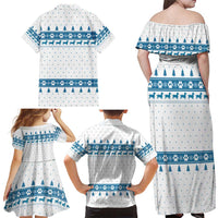 Dachshund Dog Tree Stack Family Matching Off Shoulder Maxi Dress and Hawaiian Shirt with Blue White Paw Print Pattern Design - Wonder Print Shop