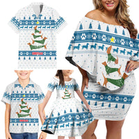 Dachshund Dog Tree Stack Family Matching Off Shoulder Short Dress and Hawaiian Shirt with Blue White Paw Print Pattern Design - Wonder Print Shop