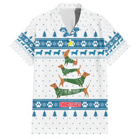 Dachshund Dog Tree Stack Family Matching Short Sleeve Bodycon Dress and Hawaiian Shirt with Blue White Paw Print Pattern Design - Wonder Print Shop