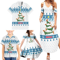 Dachshund Dog Tree Stack Family Matching Summer Maxi Dress and Hawaiian Shirt with Blue White Paw Print Pattern Design - Wonder Print Shop