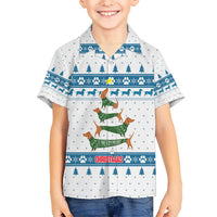 Dachshund Dog Tree Stack Kid Hawaiian Shirt with Blue White Paw Print Pattern Design - Wonder Print Shop