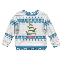 Dachshund Dog Tree Stack Kid Ugly Christmas Sweater with Blue White Paw Print Pattern Design - Wonder Print Shop