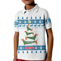 Dachshund Dog Tree Stack Kid Polo Shirt with Blue White Paw Print Pattern Design - Wonder Print Shop